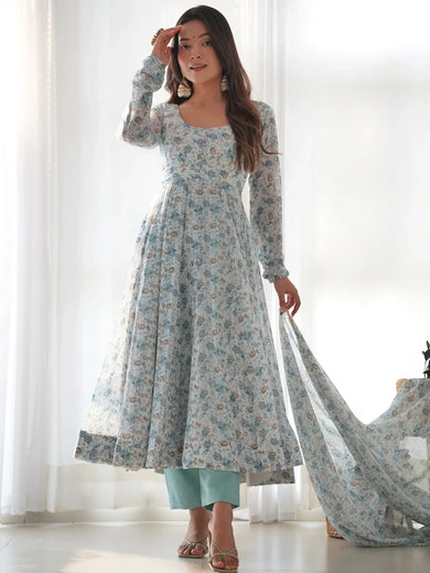 Charming Off-White Digital Printed Chiffon Event Wear Anarkali Suit
